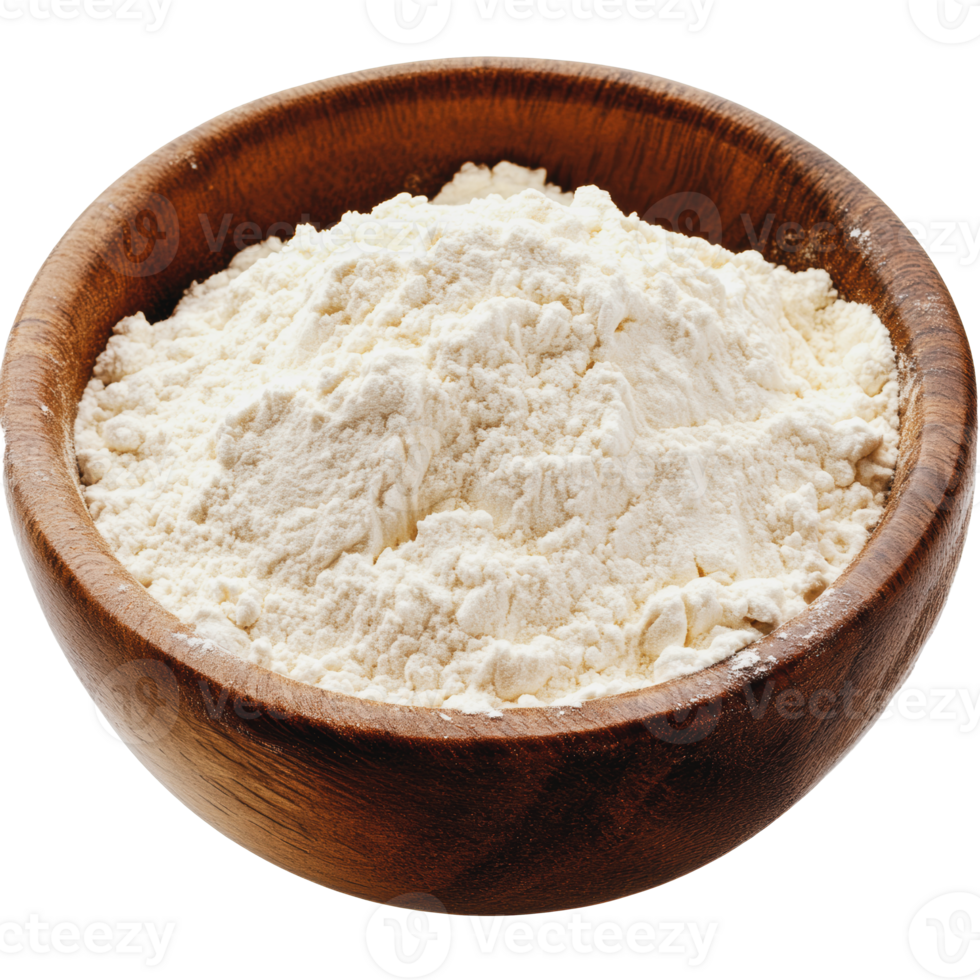 White flour in a wooden bowl on a kitchen table png