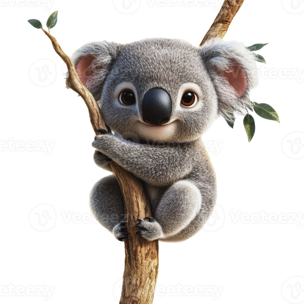 Cute koala climbing a tree branch in daylight png