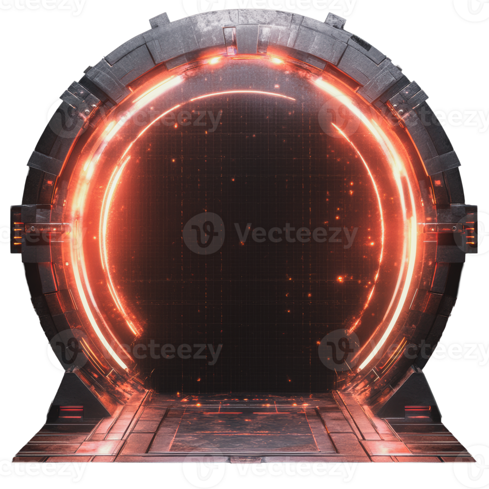 Sci-fi portal with glowing edges in a dark setting png