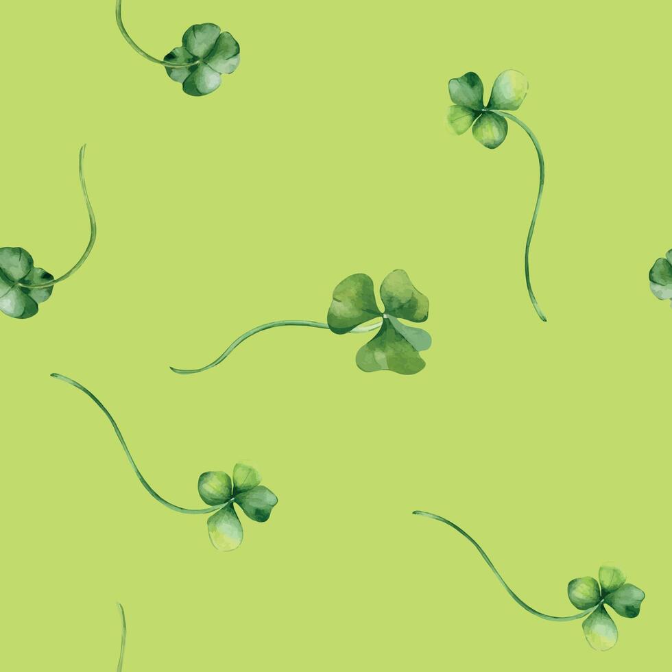 Shamrock and clover watercolor seamless pattern isolated on green background. Painted green four leaves. Hand drawn Celtic symbol. Design for St. Patrick day decoration, textile, wrapping, paper vector