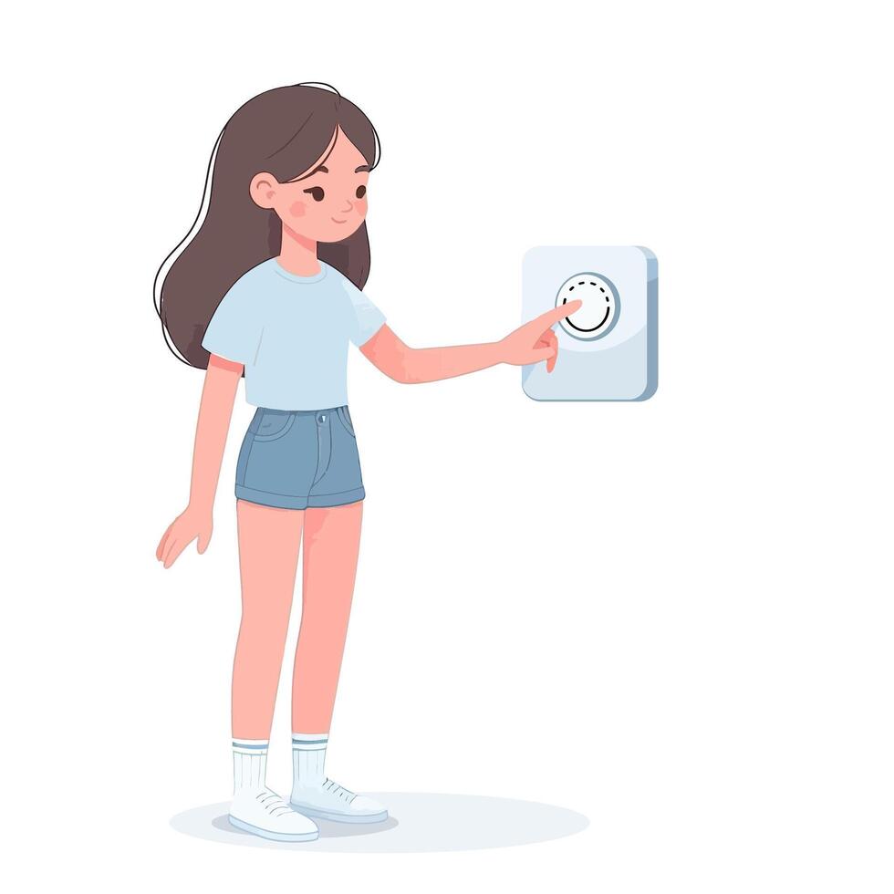 A full-length girl presses her finger on a touch thermostat, a minimalist cartoon style dimmer. The concept of using a smart home device. On a pure white background vector