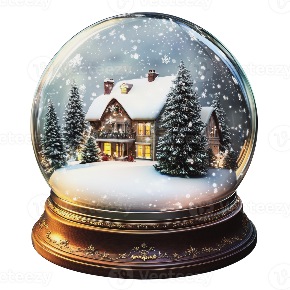 Winter scene inside a snow globe with a cozy cabin png