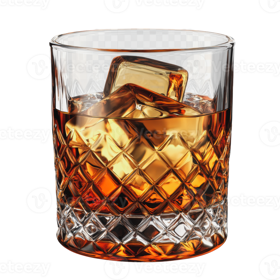Glass of whiskey with ice cubes on the table png