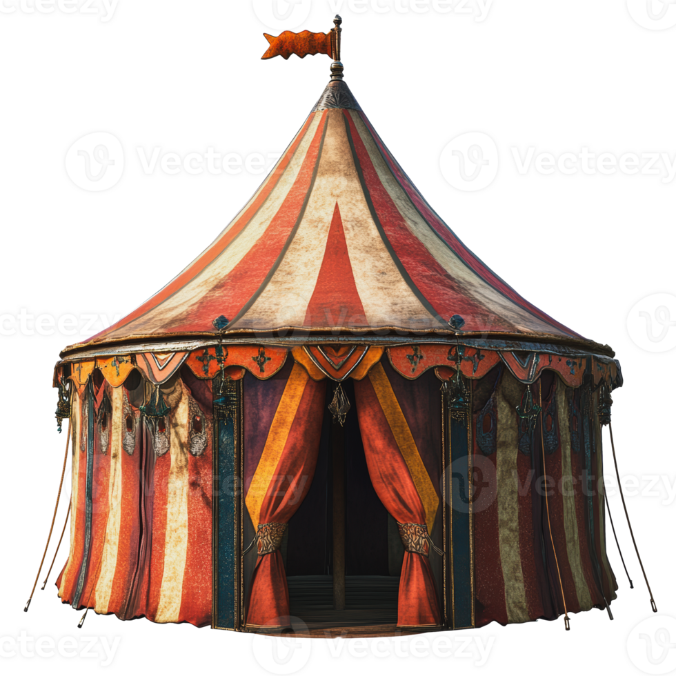 Colorful circus tent with decorative patterns and flags set against a plain background png