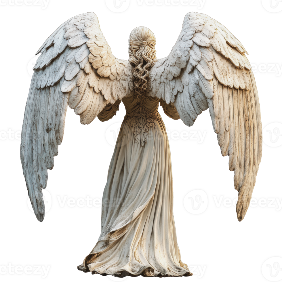 A beautifully carved angel statue with large wings captured in a neutral setting png