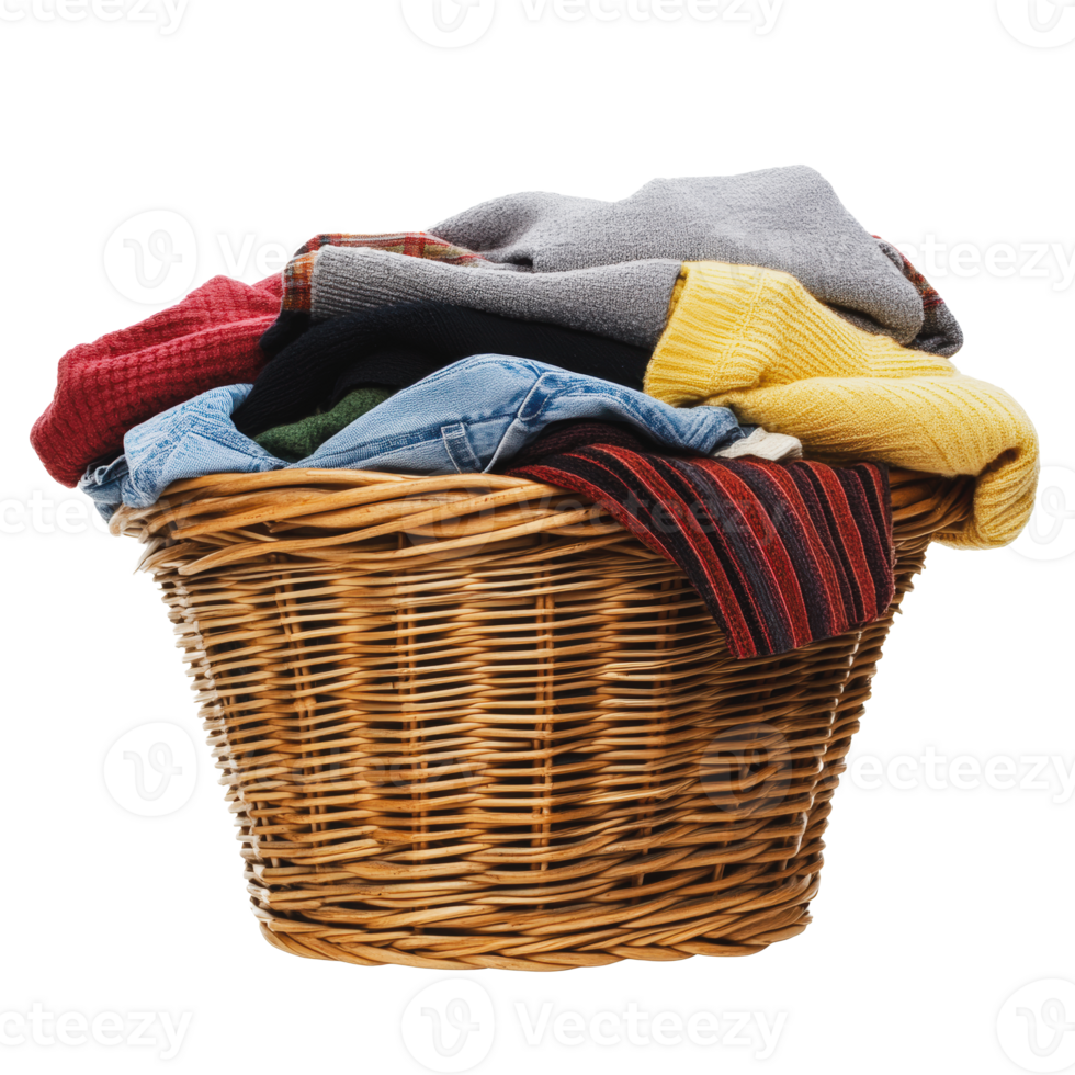 Laundry basket filled with assorted clothing png