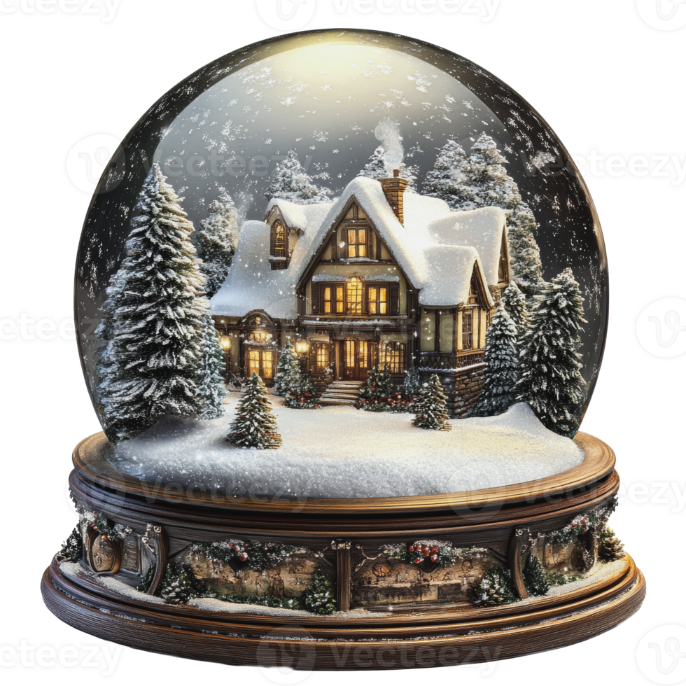 Snowy winter scene in a snow globe at night png