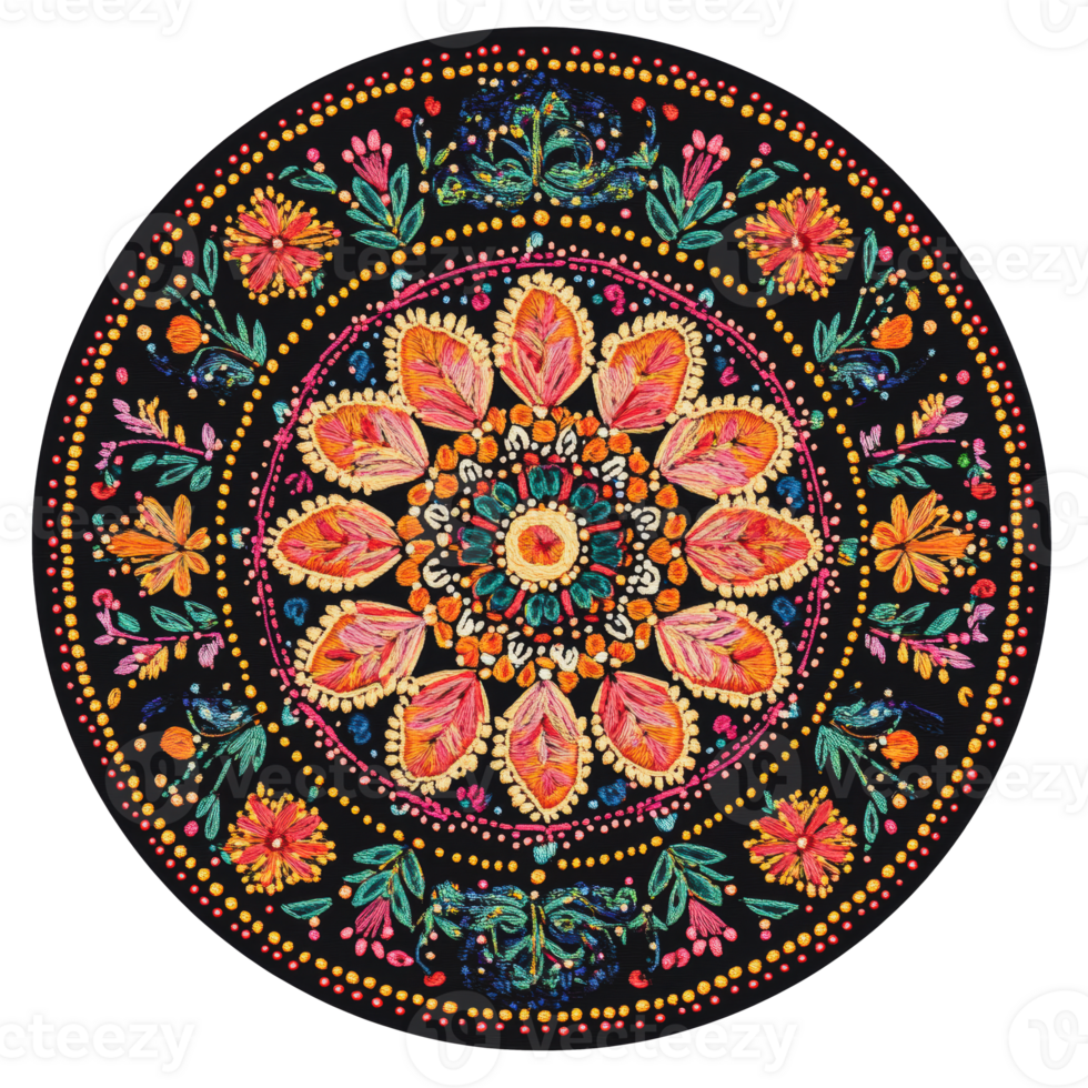 Vibrant embroidered round tapestry with floral patterns on a black background png