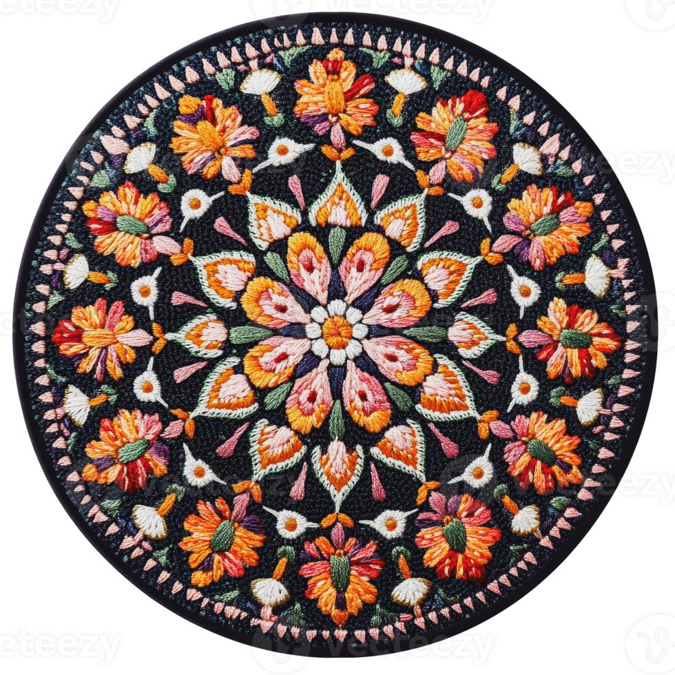 Colorful floral embroidery design on black fabric with intricate patterns png