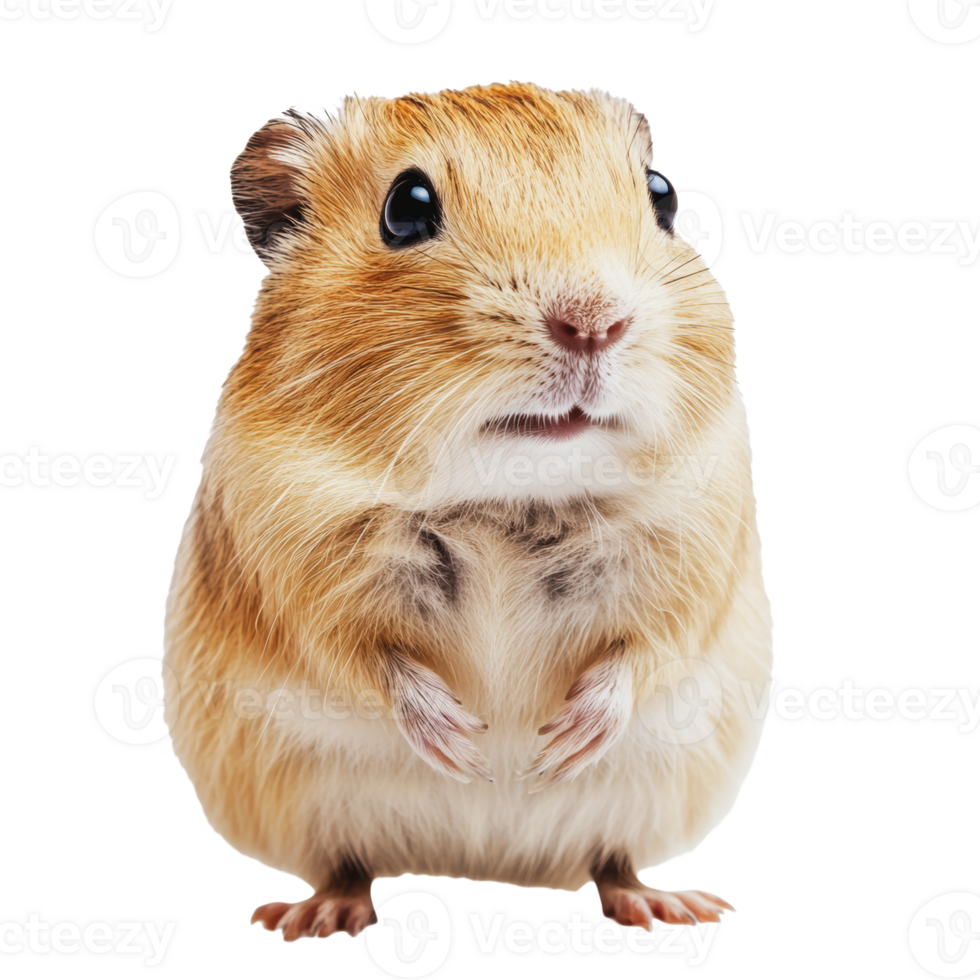 A curious golden brown gerbil standing upright, showcasing its expressive eyes and soft fur png