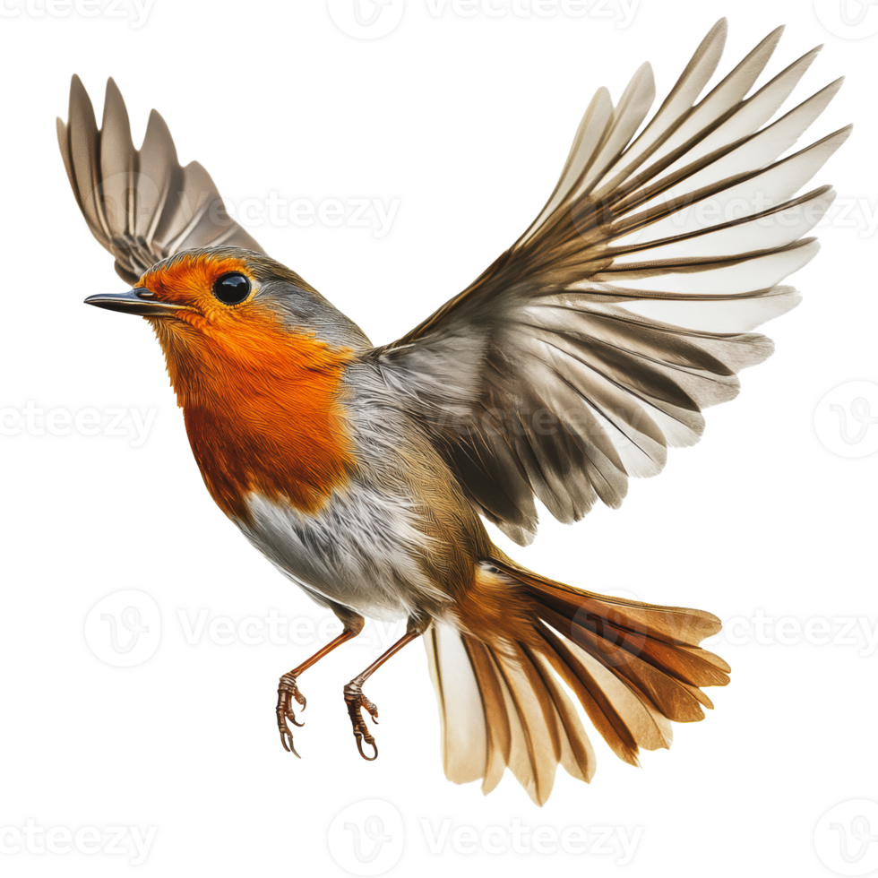 A European robin in mid-flight showing vibrant orange and gray feathers png