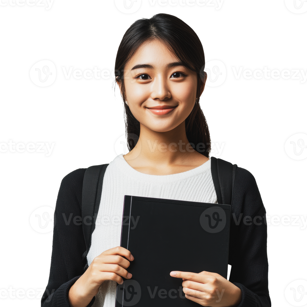 Young student smiling while holding a notebook, posing for a portrait in a light setting png