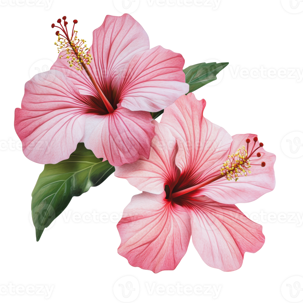 Two vibrant hibiscus flowers in shades of pink with green leaves png