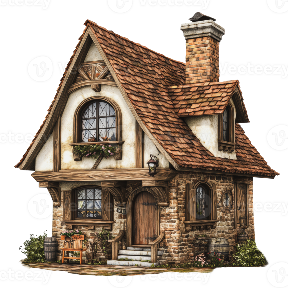 Charming rustic cottage surrounded by greenery on a sunny day png