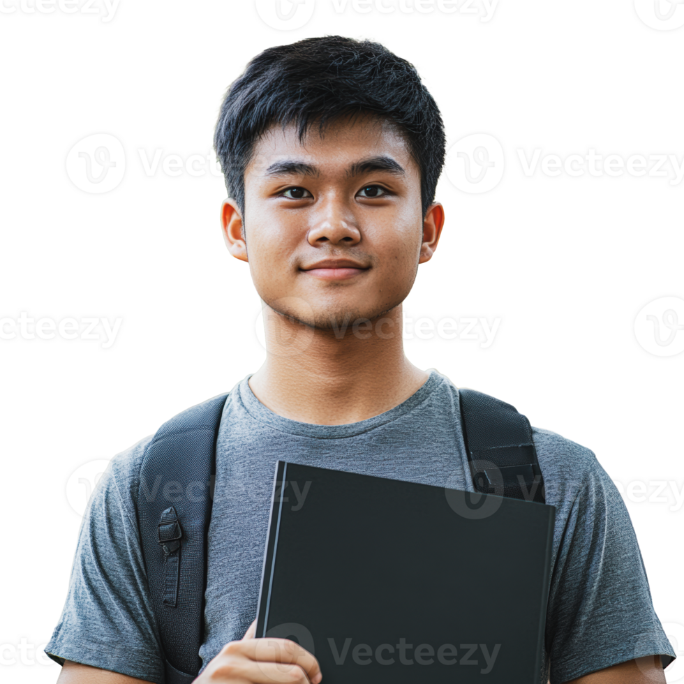 Teenage student holding a notebook outdoors in bright daylight with a backpack over his shoulder png