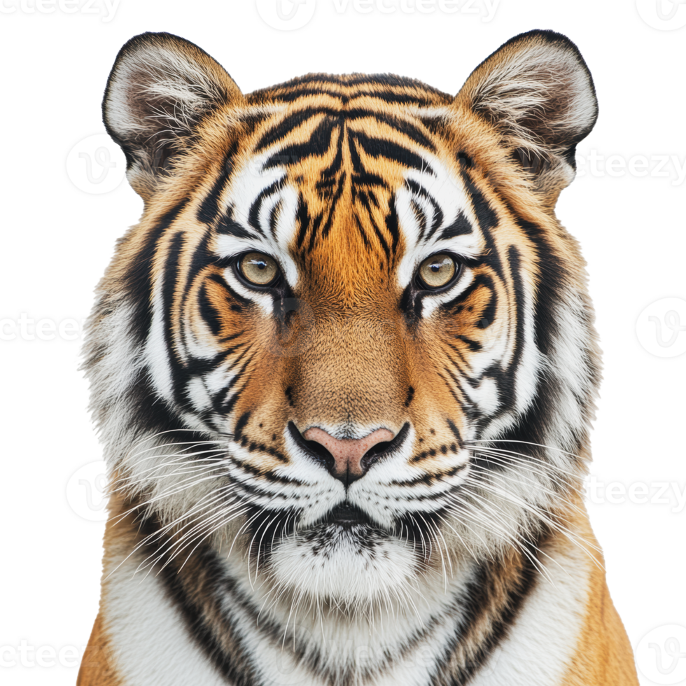 A close-up of a Bengal tiger looking directly at the camera with its striking facial patterns against a plain background png