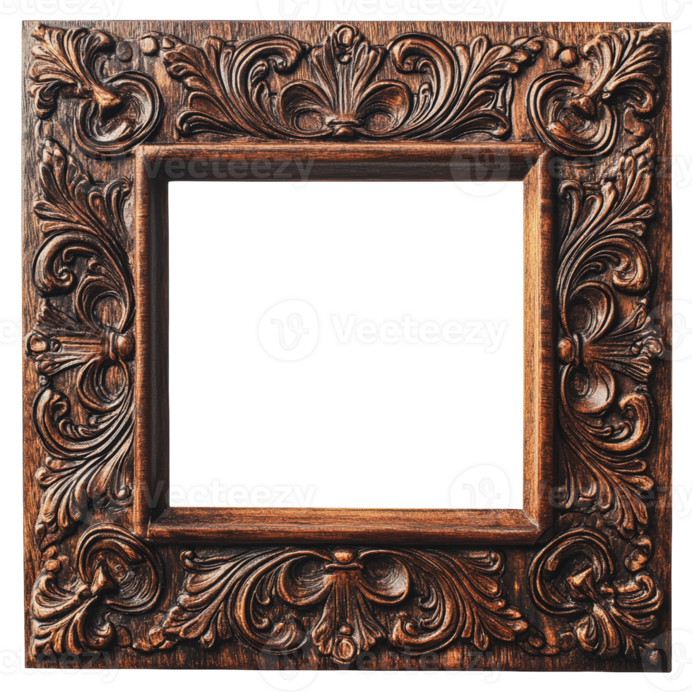 Ornately carved wooden frame with a blank center, perfect for displaying art or photographs png