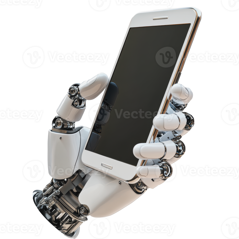 Robotic hand holding a smartphone in a modern setting png