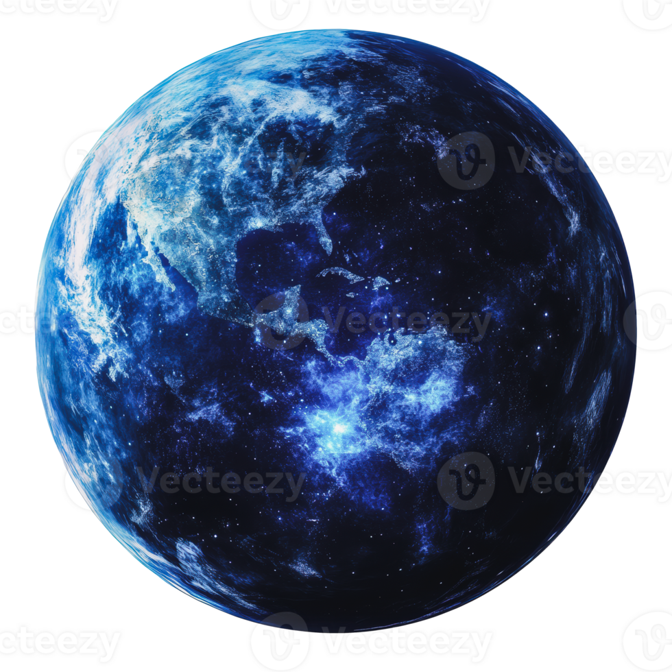 A vibrant blue planet floating in the cosmos with swirling clouds and twinkling stars in the background png