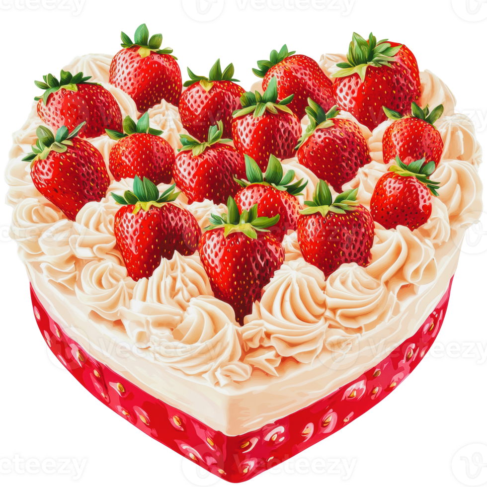 Heart-shaped cake topped with fresh strawberries and cream on a festive red base png