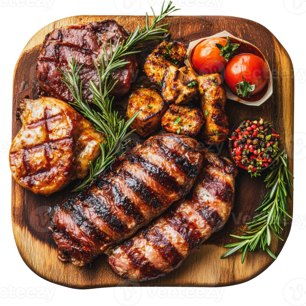 Grill platter with assorted meats and vegetables displayed on a wooden board png