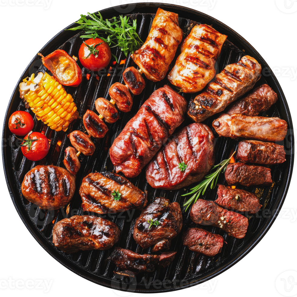 Grilled meat platter featuring assorted cuts and vegetables on a barbecue grill during a summer cookout png