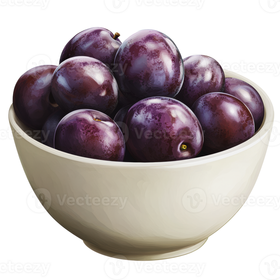 Fresh plums in a white bowl on a clean surface, captured during daylight png