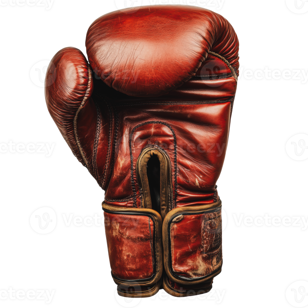 Worn leather boxing glove with age marks resting on a neutral background png