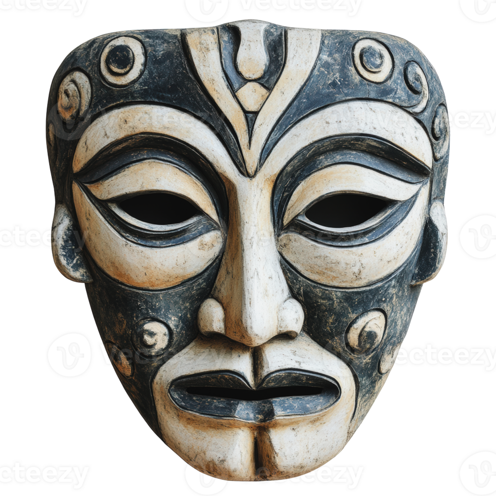 Traditional tribal mask with intricate carvings and designs displayed against a plain background png