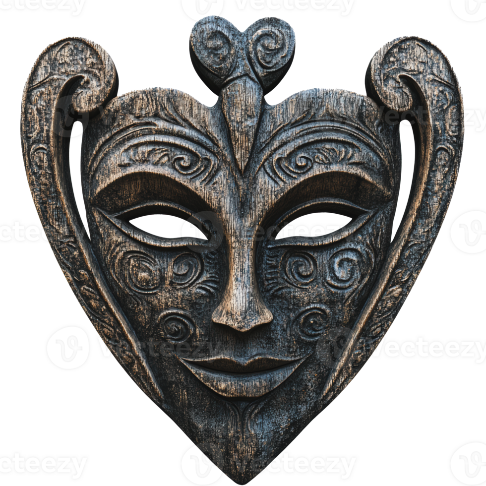 Carved wooden mask with intricate designs displayed against a plain background png