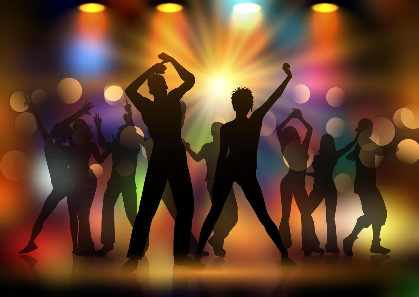 Silhouettes of a group of people dancing on a disco lights background vector