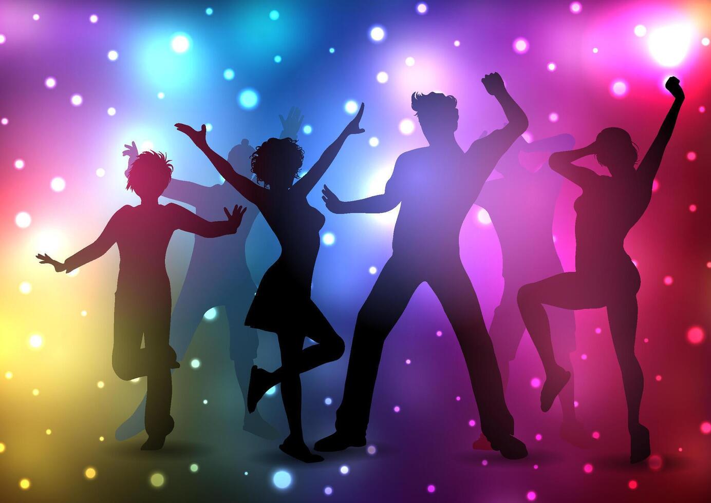 Silhouettes of people dancing on a disco lights background vector