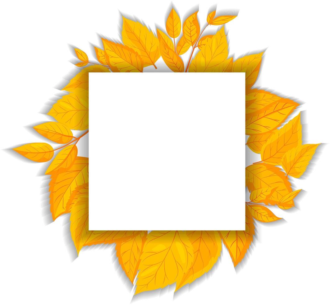 Autumn leaves border design with a blank white square in the center. Bright yellow leaves on a white background. Concept of autumn season and nature. illustration vector