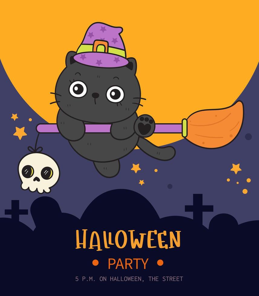 Black cat Halloween card on witch broom kitten playing vector
