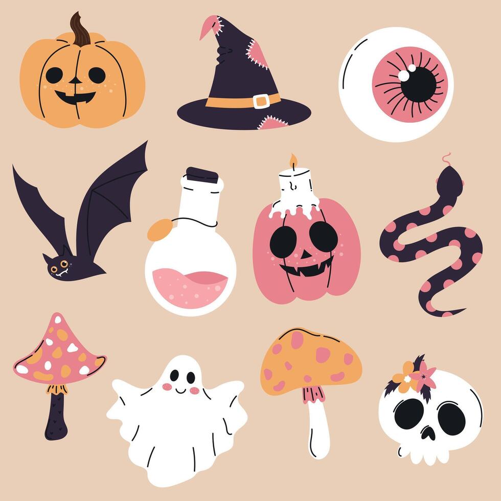 halloween elements set with skull, snake, pumpkin, mushroom, potion, bat, ghost, eye and witch hat vector