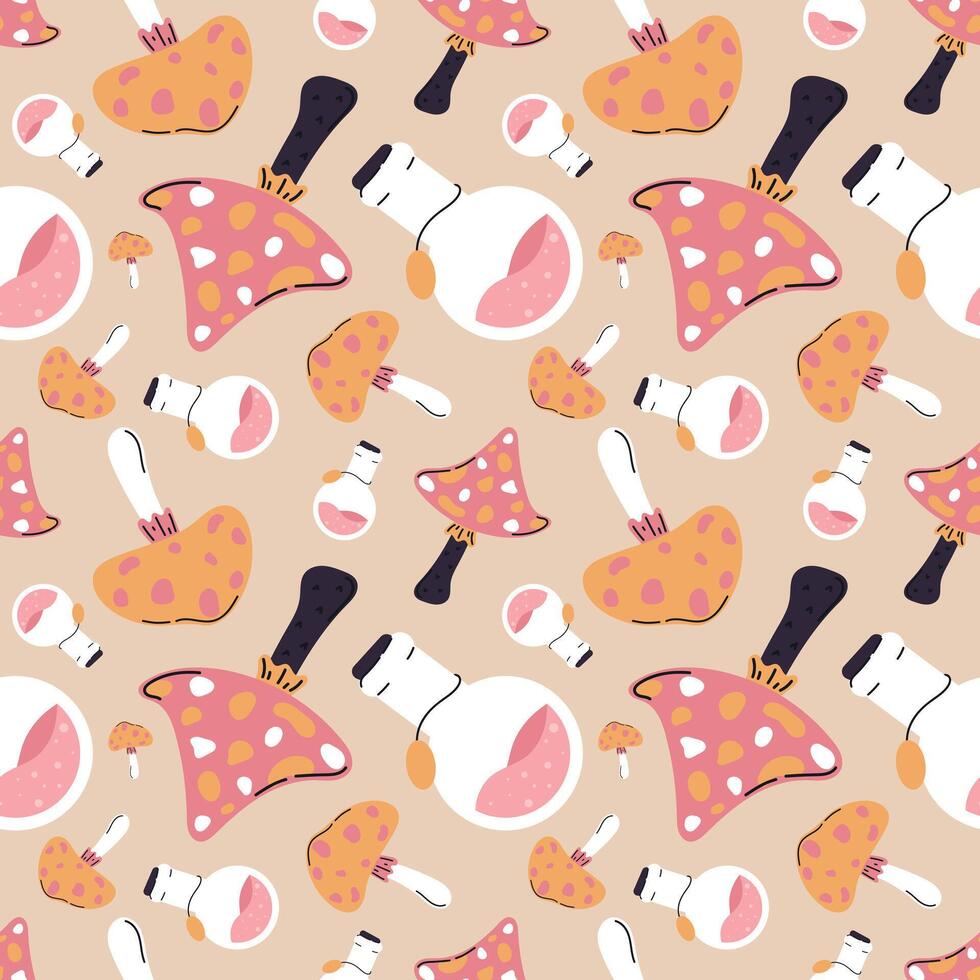 halloween seamless pattern with potion and mushrooms vector