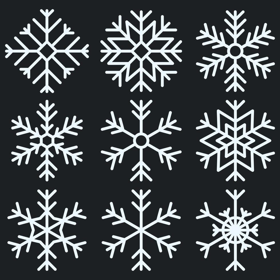 white snowflake set isolated on black, new year and christmas elements, winter vector