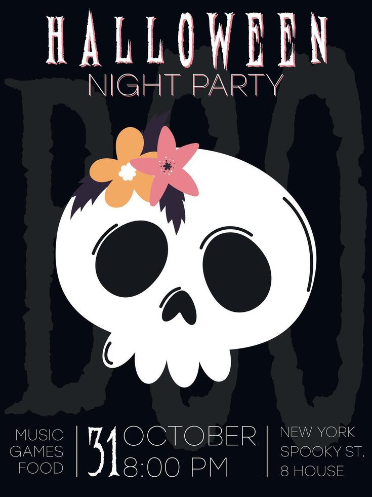 halloween party poster with skull and flowers vector