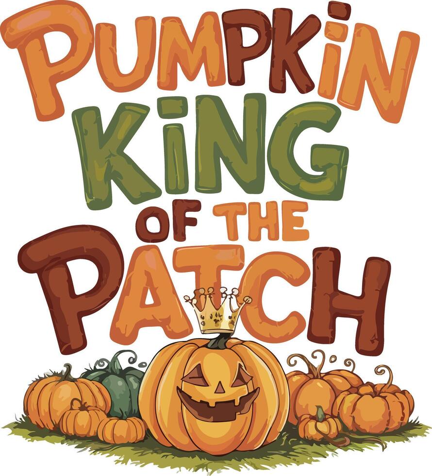 Pumpkin King of the Patch Illustration with Crowned Character Inside Pumpkin Surrounded by Jack-O'-Lanterns vector