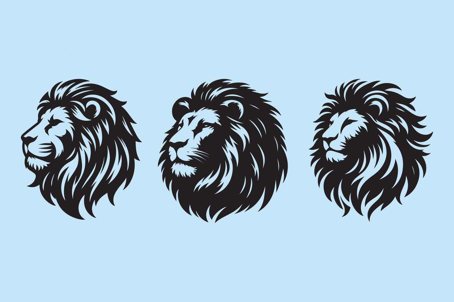 Set of Three Black silhouettes Lion Head art illustration Logos vector