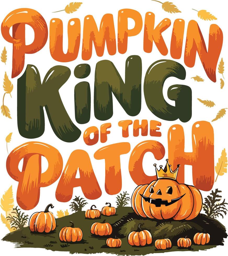 Pumpkin King of the Patch Illustration with Crowned Character Inside Pumpkin Surrounded by Jack-O'-Lanterns vector