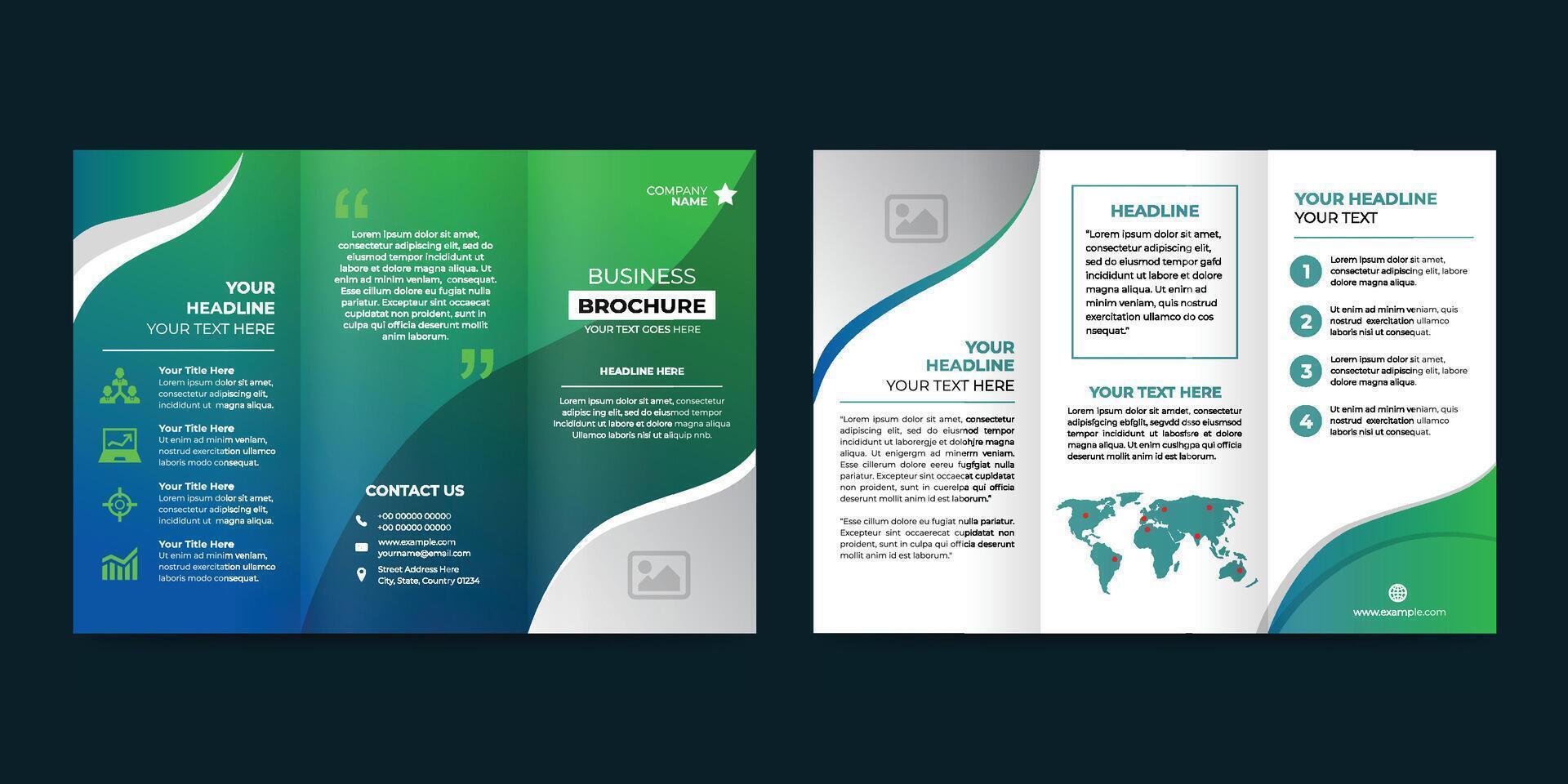 Green trifold brochure design. A4 abstract corporate brochure template. Creative wave business flyer template. vector
