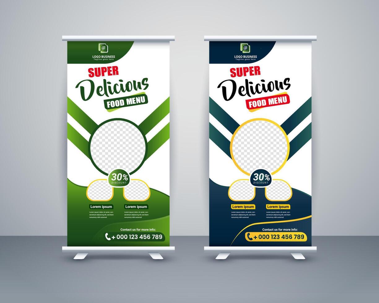 Food roll up banner design for restaurant, template modern standee banner design. vector