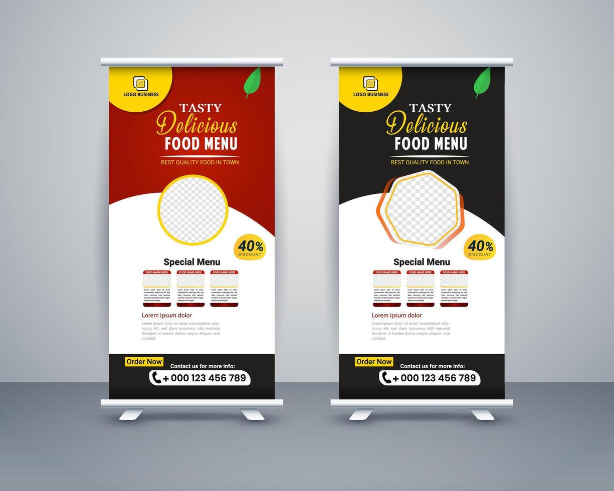 Food roll up banner design for restaurant, template modern standee banner design. vector
