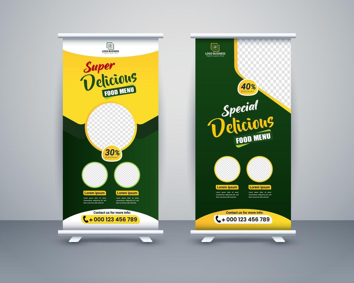Food roll up banner design for restaurant, template modern standee banner design. vector