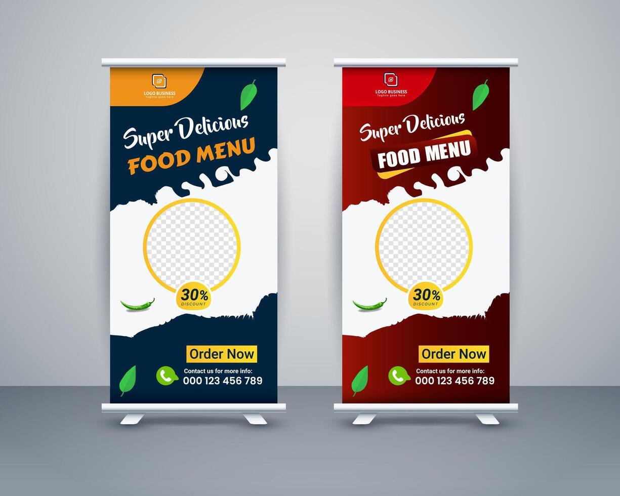Food roll up banner design for restaurant, template modern standee banner design. vector
