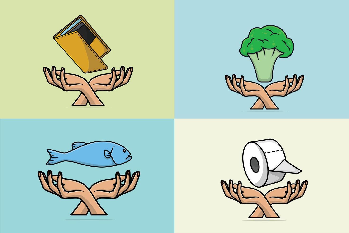 Collection of Cute Fish with Fresh Broccoli and Toilet Tissue Paper Roll with Money Wallet illustration. vector