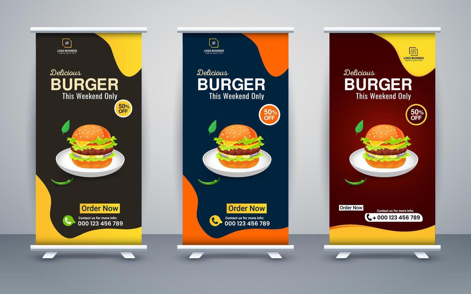 Food roll up banner design for restaurant, template modern standee banner design. vector