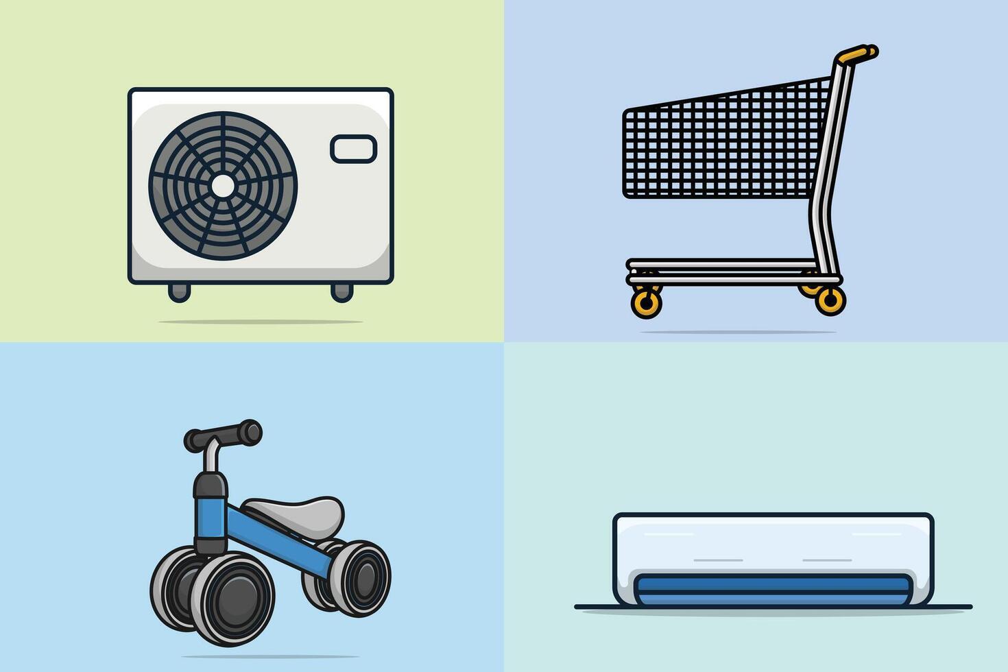 The collection of Air Conditioner with Empty Shopping Trolley and Children's Tricycle design with shadow. vector