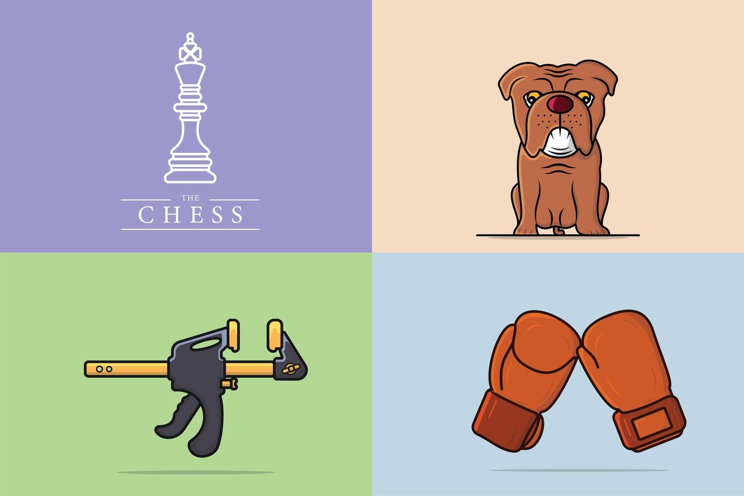 Collection of Clamp Compression tool with Boxing Sport Gloves and Sad Bulldog with Chess King Piece design. vector